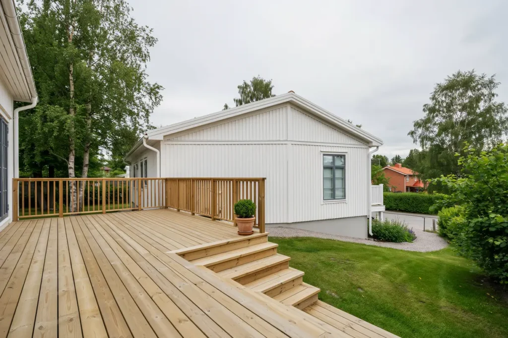 altanbygge med r cke och trappa vid villa i skog s